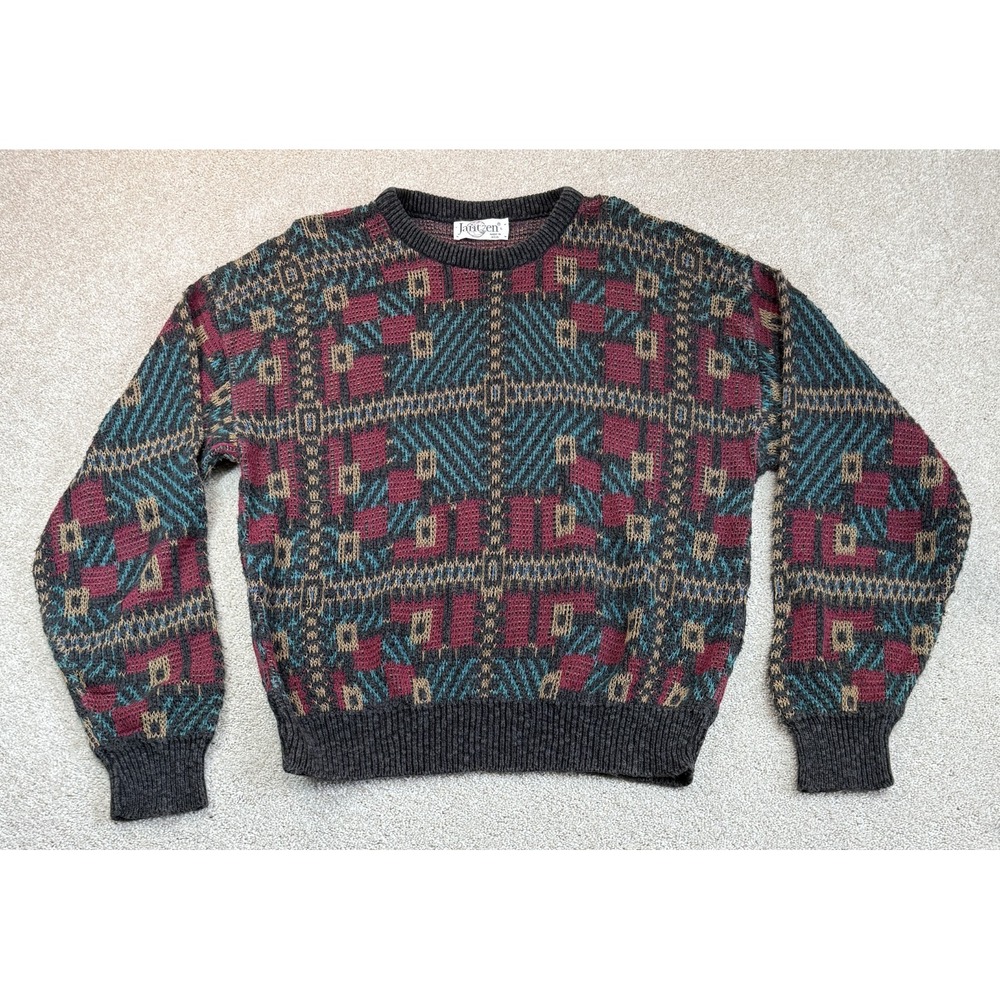 Vintage 90s Jantzen Men's LARGE Multicolor Geometric Knit Crewneck Sweater USA